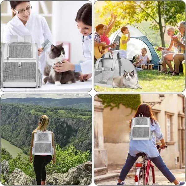 【03】Cat Backpack, Large Pet Backpack with Feather Cat Toy Compatible with Medium Small Dog, Cat, Puppy, Kitten, Rabbit up to 7 kg (Grey)