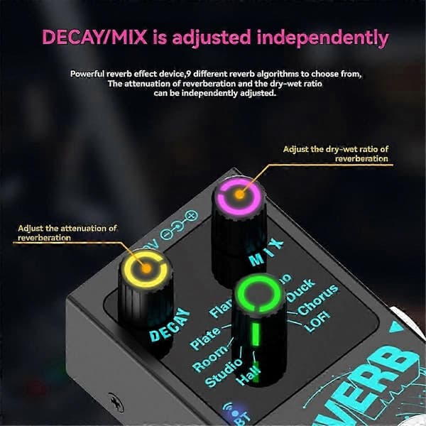 Digital reverbpedal med True Bypass och 9 inbyggda effekter för gitarr