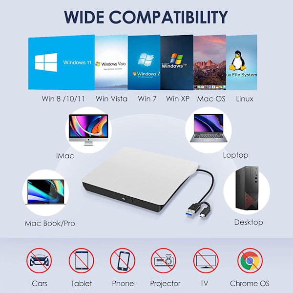 USB 3.0 eksternt DVD-drev til tilslutning til en computer/bærbar/CD-brænder/eksternt Type-C bærbart optisk drev.