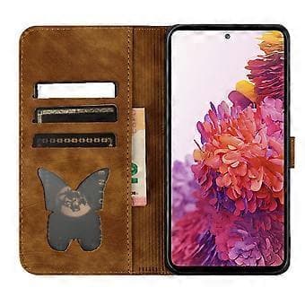 【03】Compatible with Samsung Galaxy S21 FE 5G Embossed Butterfly Cat Wallet Case with Card Slots Kickstand Case Brown