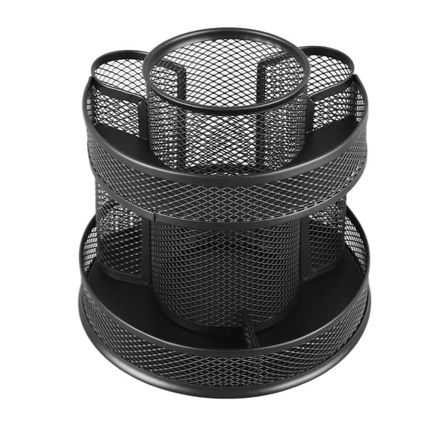 【03】Rotating Pen Holder Black Mesh 7 Compartments Strong Metal Rotating Desk Organizer for Home Office Dorm