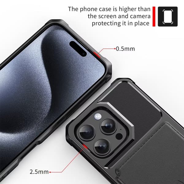 【03】iPhone 12 Cover med Kortholder & ID-beskyttelse - Stødsikkert Sort Etui LightGrey