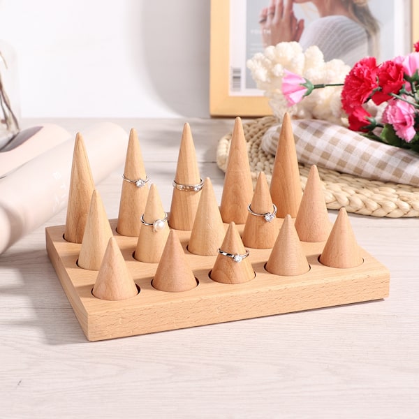 Træ 15 Fingre Display Ring Holder Showcase Stand Smykker Ringe Organizer