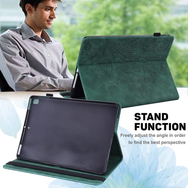 【03】Samsung Galaxy Tab A9+ / A11+ Etui i præget læder med påfuglemønster Grön