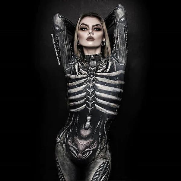 Halloweenkostume med skeletmønster til kvinder, slank jumpsuit L