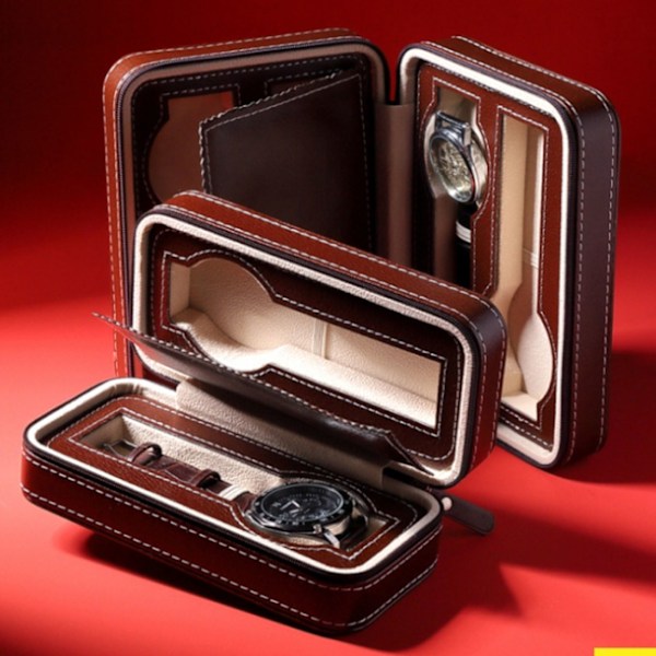 Klockbox Portabel Dragkedja Design Enkel Trendig Klockförvaring Organiserare Klockfodral Brun 2 Fack