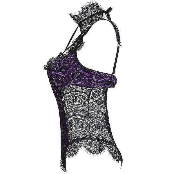 Damunderkläder Spetsbody med djup V-ringning och teddy mini-babydoll PURPLE S