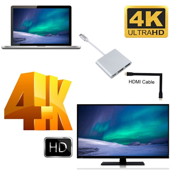 USB-C multi-portadapter, kompatibel med USB, USB-C (USB PD) och HDMI.