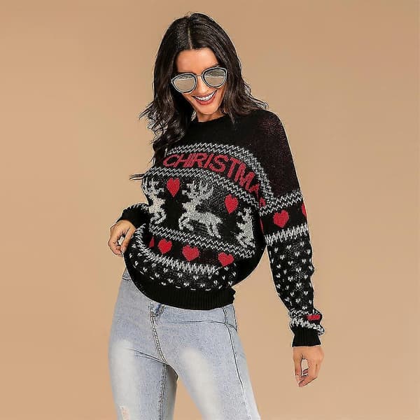 Kvinnor Jul Vinter Långärmad Tröja Söt Ren Kärlek Hjärttryck Stickad Jumper Rund Hals Semester Casual Lös Pullover Toppar L