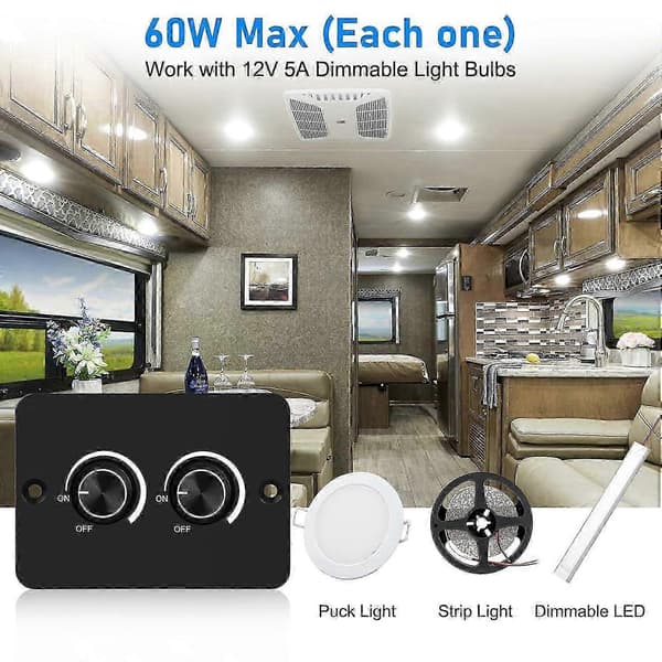 12V lysdæmper, 2-gangs 60W PWM autocamper lastbiler marine LED-lysdæmper, ON/OFF roterende lysdæmper til LED-strip, Puck-lys, stemningsbelysning