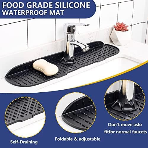 【03】2 stk. Store silikone stænkbeskyttere til vask, 52 cm × 14 cm silikonemåtte til vandhane til køkken, badeværelse, vaskebeskytter (sort)