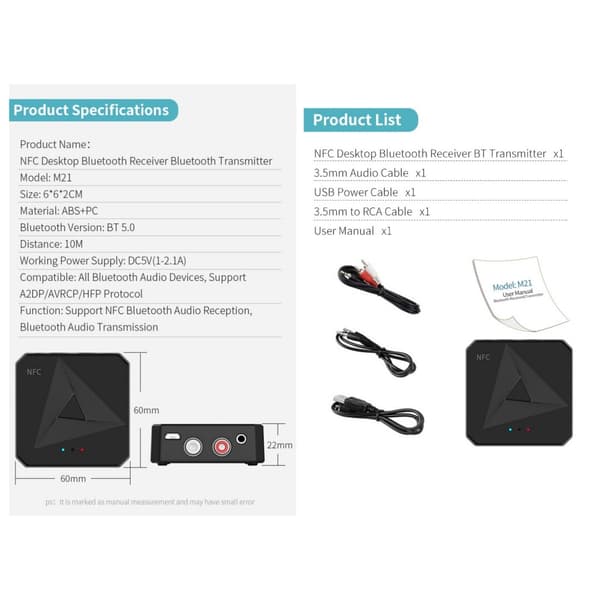 Bluetooth RCA/AUX-adapter – NFC-sensor