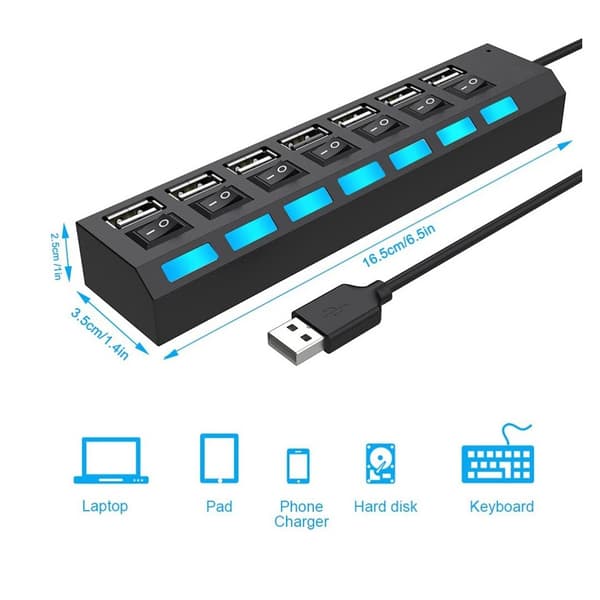 7-ports USB 2.0-hub med uafhængig LED-kontakt, 5 Gbps dataoverførsel, universelt USB-forlængerkabel til bærbar computer, pc