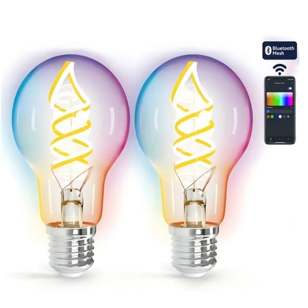 Kit med 2 Aigostar A60 E27 4.9W RGBW Bluetooth Mesh Smarta Glödlampor, Spiralfilament med Gradientglas + Fjärrkontroll