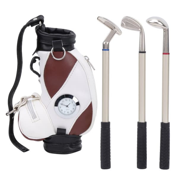 Mini Skrivbords Golfbag Pennklocka Zinklegering PU Läder med Golfpennor Souvenirset Present Brun Vit