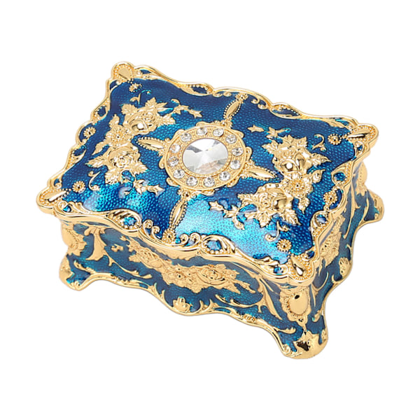 Royalblå Smykkeskrin Rhinestone Ring Retro Blomst Graverede Øreringe Halskæde Opbevaringsboks