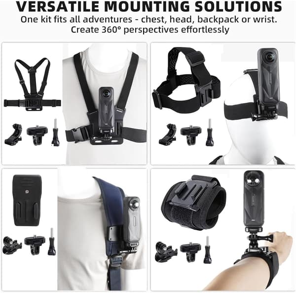 【03】2025 Seneste model tilbehørssæt til Insta 360 X5 X4 X3 X2, brystmontering, hovedrem, sele, rygsækclips, holder, håndledsrem, 360° rotation