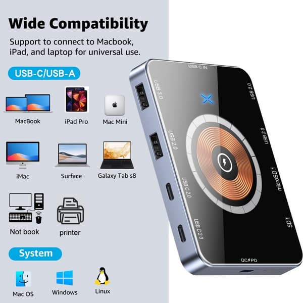 15W Trådløs Opladning 10-i-1 Udvidelsesdock, Multifunktionel Computer Hub Splitter