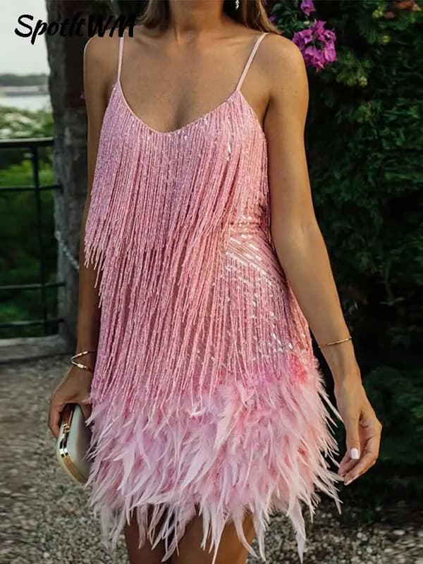 【03】Sequin Fringed Feather Dress with Spaghetti Straps pink pink L