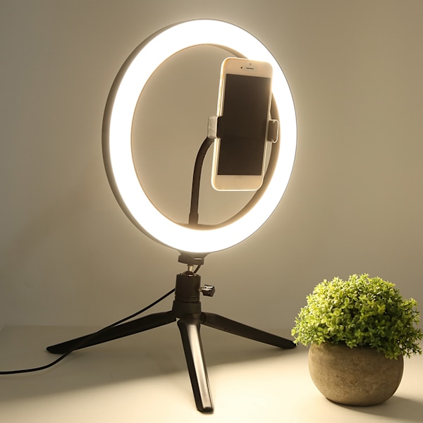 26 cm/10 tommer Ring Light LED Live Lampe Fyldlys Dæmpbar USB-port 2800K‑7000K med Bordstativ Telefonclipsæt
