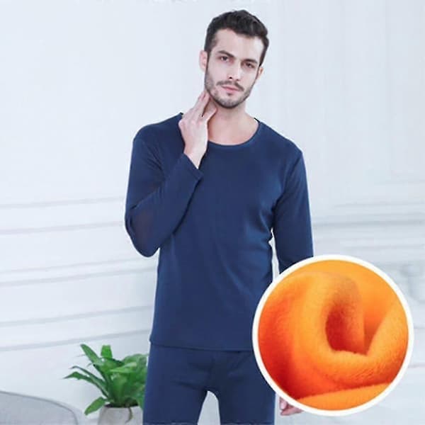 Herre Dame Termoundertøj Sæt, Blød Rund Hals Plus Fløjl Termoundertøj Efterårsundertøj, Vinter Varmt Baselayer Top Bund 2*L Navy Blue