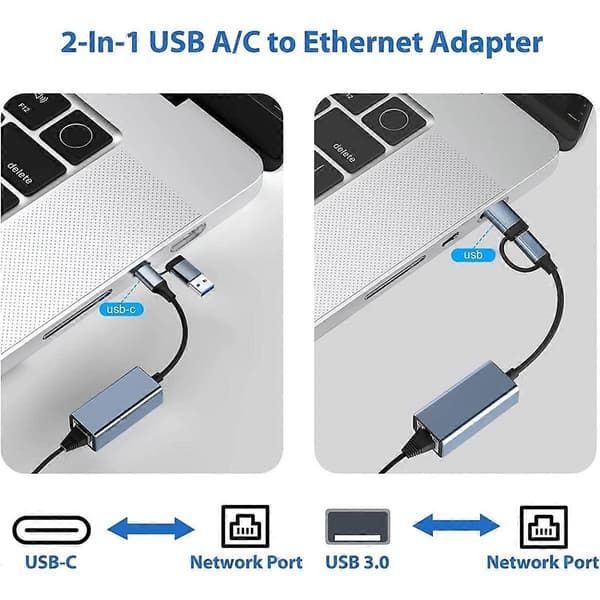 USB 3.0 - Ethernet-sovitin USB C - RJ45 Gigabit LAN 1000 Mbps langallisella verkolla, verkkosovitin