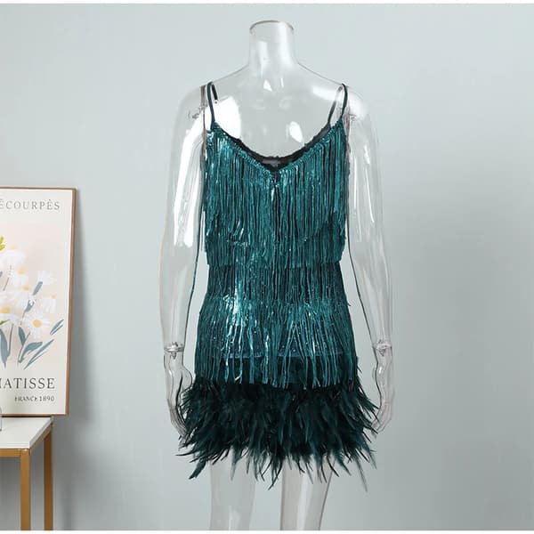 【03】Sequin Fringe Feather Dress with Spaghetti Straps white white L