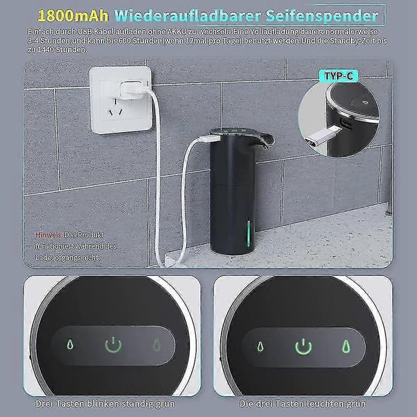 Automatisk sæbedispenser sort, skumsæbedispenser genopladelig berøringsfri automatisk sæbedispenser