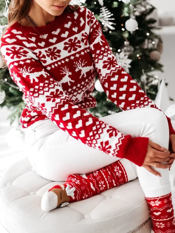 【03】Dame Efterår Vinter Jul Trøje Dame Strikket Trøje hvid lille rød rød red large