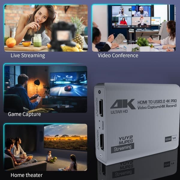 4K HDMI Video Capture Card, USB 3.0, Ljud- och videoströmningsenhet för PS5, Switch, Kamera, PC, Kompatibel med OBS
