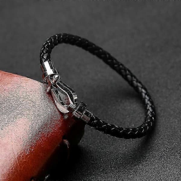 Flettet læderarmbånd til mænd, U-formet armbånd med spænde i rustfrit stål black 21cm
