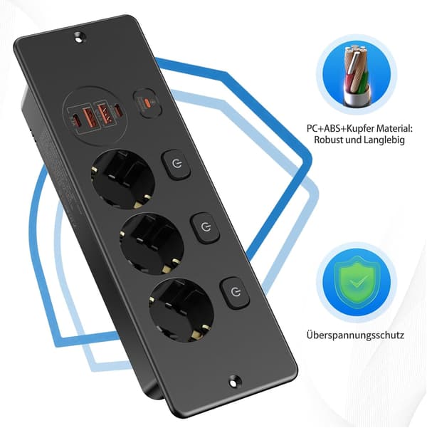 【03】Udtrækkeligt stik - 3-vejs med 2 USB, bordstik med 2 USB C, 3 afbrydere, 2 m kabel black