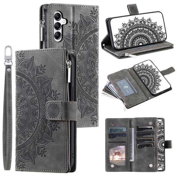 【03】Til Samsung Galaxy A56 Pung Etui Cover Skal Mandala Blomstermønster - Grå grå gray