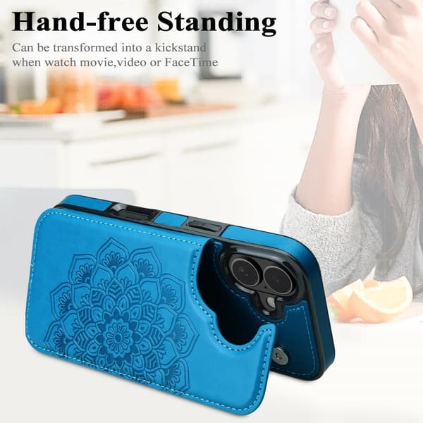 【03】til iPhone 17 Pro etui med kortholder, blomstermagnetknapper beskyttende pung etui til kvinder til iPhone 17 Pro, blå blå blue iPhone 17 Pro