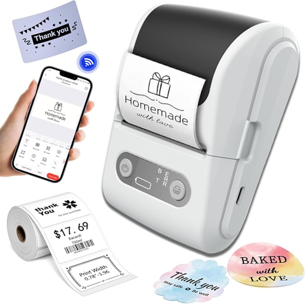 Bluetooth termisk printer, blækfri etiketprinter, bærbar mini lomme printer til hjemmet, hvid