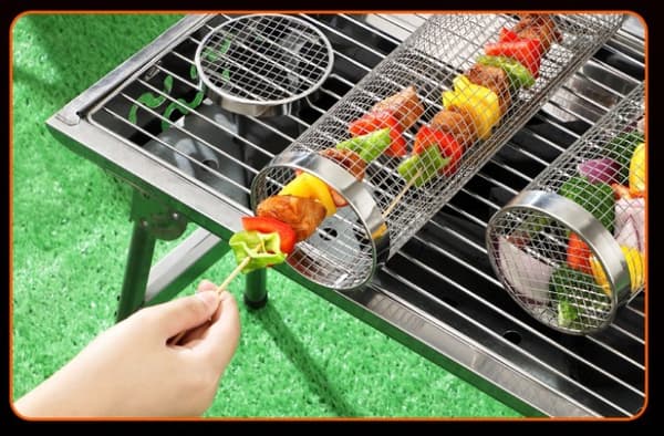 【03】2 stk. rullende grillkurve - Bedste grillkurv nogensinde, rund grillnet i rustfrit stål