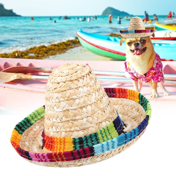 Mini Straw Sombrero Party Hat til Små Kæledyr/Hvalpe/Kat med Bomuldsrebsjustering