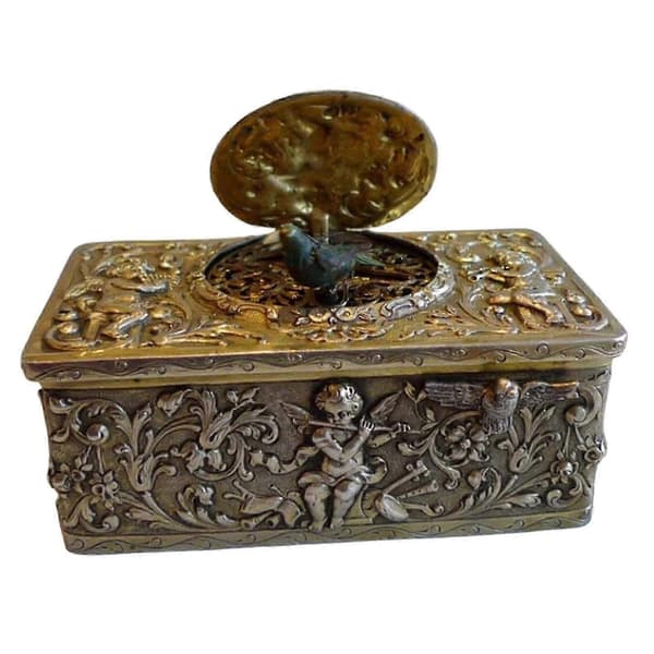 Antik Sølv Mekanisk Syngende Fugl Spilledåse med 3D Blade
