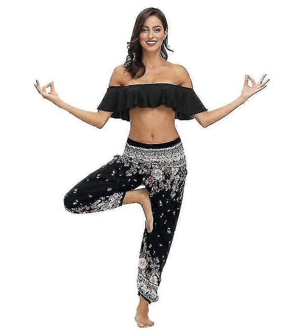 【03】Dam Harem Byxor, Hög Midja Yoga Boho Byxor Med Fickor style 2