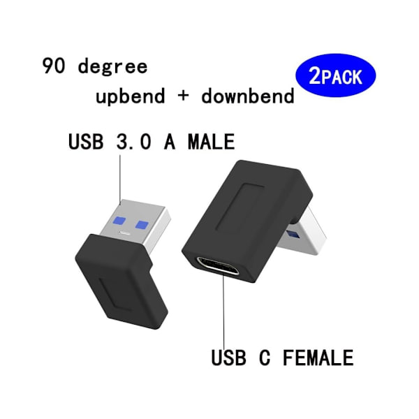2 stk. USB-C hun til USB-A han vinklet adapter 90 grader, retvinklet USB A han til USB C hun adapter