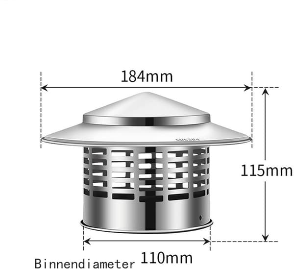 【03】Rørdæksel - Rustfrit stål - Regnbeskyttelse - Indvendig diameter: 110 mm