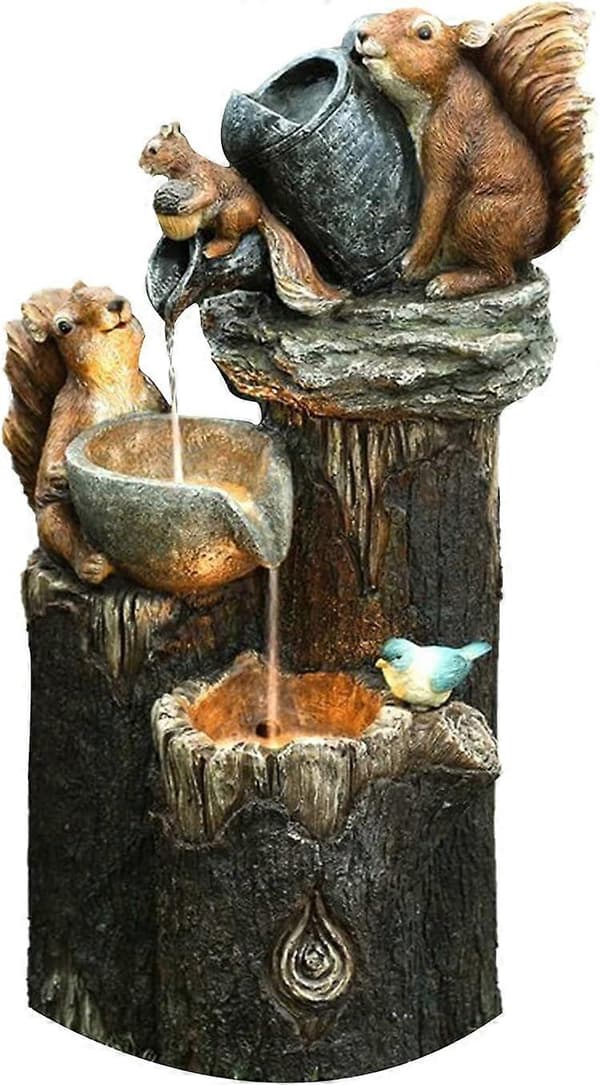 【03】Solar Powered Squirrel Stacked Waterfall Fountain with LED Lights and Pump