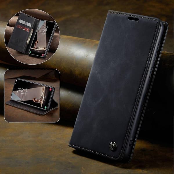 【03】CASEME 013 Series Samsung Galaxy S21 FE Wallet Case Stand Automatic Suction PU Leather Case Black Black Black