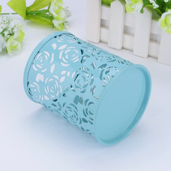 Kontorbord Hul Rose Blomstermønster Pen Blyant Pot Holder Container Organizer (Blå)