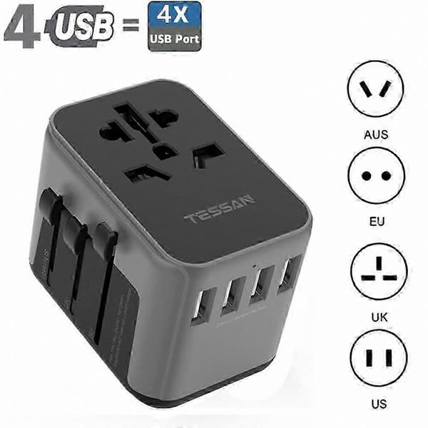 Universell reseadapter med 3 USB- och 1 USB-C-portar för global användning gray 4 USB Ports