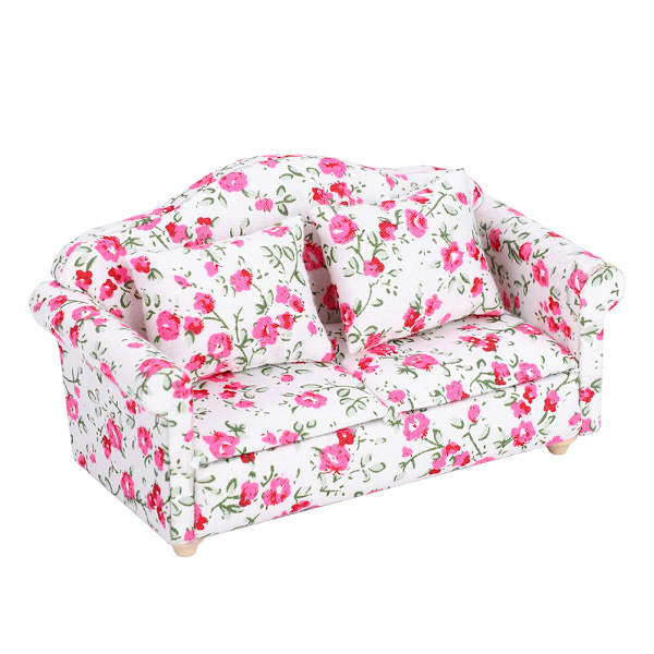 Dockhus Tillbehör Blommönster Mini Möbler Dubbelsoffa för 1/12 Skala Docka (#2)