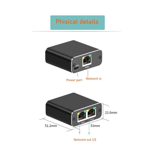 RJ45 Splitter 1 til 2 Ethernet Giga 1000Mbps Netværk