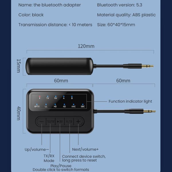 Bluetooth-lähetin-vastaanotin, 2-in-1 V5.4 langaton sovitin, kaksoislinkki AptX Adaptive/Low Latency/HD Audio, Aux-sovitin