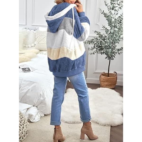 【03】Fluffy fleecejakke til kvinder med hætte, farveblok, patchwork, overtøj med lommer M