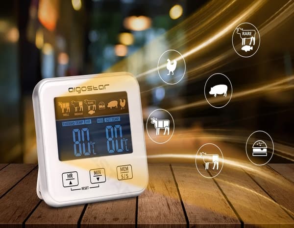 Aigostar Digitalt Madtermometer med Probe, Kødtermometer til Grill og Ovn, med Tidsalarm